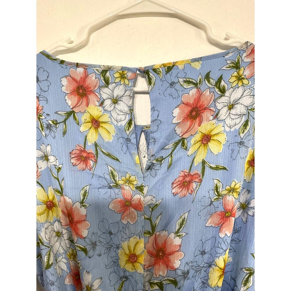 Calvin Klein Blue Belted Ruffle Hem Floral Dress Size 12 Large Gathered Sleeves - Picture 6 of 8